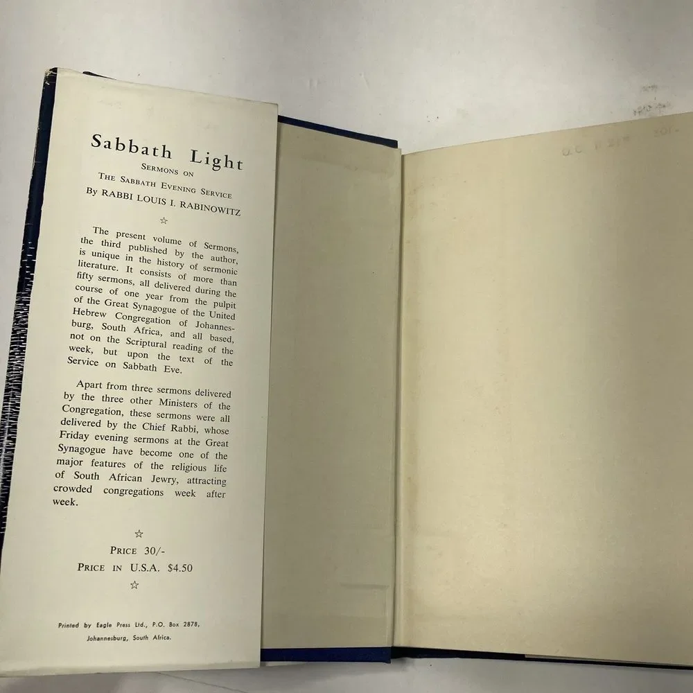 Sabbath Light Louis Rabinowitz‎ Sermons on the Sabbath Evening Service 1958 HC